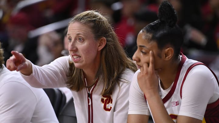 Feb 8, 2025; Los Angeles, California, USA; USC Trojans head coach Lindsay Gottlieb talks to guard JuJu Watkins (12) during the second quarter at Galen Center. Mandatory Credit: Robert Hanashiro-Imagn Images