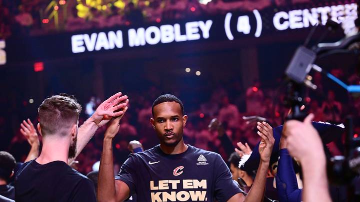 May 11, 2026; Cleveland, Ohio, USA; Cleveland Cavaliers center Evan Mobley (4) is introduced before game four between the Cavaliers and the Detroit Pistons in the second round of the 2026 NBA Playoffs at Rocket Arena. Mandatory Credit: Ken Blaze-Imagn Images