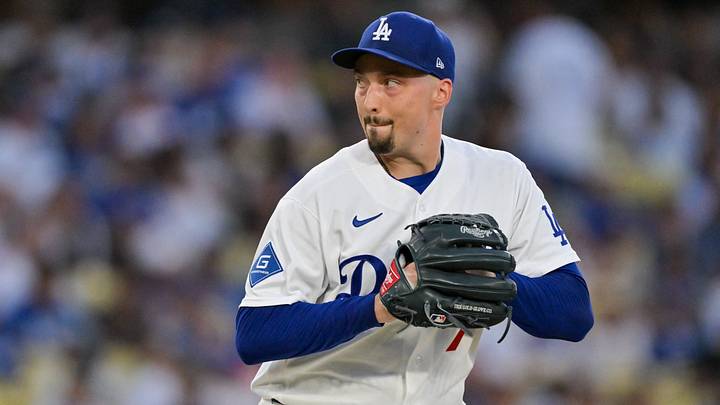 Aug 11, 2026; Los Angeles, California, USA; Los Angeles Dodgers pitcher Blake Snell (7) delivers in the second inning against the Kansas City Royals at Dodger Stadium. Mandatory Credit: Jayne Kamin-Oncea-Imagn Images