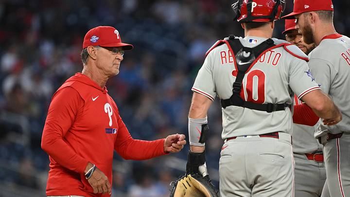 Jun 24, 2026; Washington, District of Columbia, USA; Philadelphia Phillies interim manager Don Mattingly (8) walks out to the mound for a pitching change against the Washington Nationals during the sixth inning at Nationals Park. Mandatory Credit: Rafael Suanes-Imagn Images Jun 24, 2026; Washington, District of Columbia, USA; Philadelphia Phillies interim manager Don Mattingly (8) walks out to the mound for a pitching change against the Washington Nationals during the sixth inning at Nationals Park. Mandatory Credit: Rafael Suanes-Imagn Images