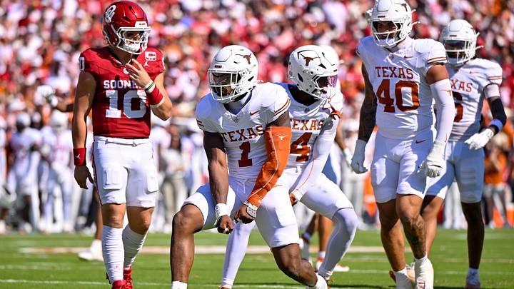 Oct 10, 2026; Dallas, Texas, USA; Texas Longhorns edge Colin Simmons celebrates during the game between the Sooners and the Longhorns at Cotton Bowl. Jerome Miron-Imagn Images Oct 10, 2026; Dallas, Texas, USA; Texas Longhorns edge Colin Simmons celebrates during the game between the Sooners and the Longhorns at Cotton Bowl. Jerome Miron-Imagn Images