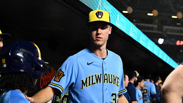 Sep 20, 2026; Baltimore, Maryland, USA; Milwaukee Brewers pitcher Jacob Misiorowski (32) greets teammates in the dugout prior to the game between the Baltimore Orioles and the Milwaukee Brewers at Oriole Park at Camden Yards. Mandatory Credit: James A. Pittman-Imagn Images Sep 20, 2026; Baltimore, Maryland, USA; Milwaukee Brewers pitcher Jacob Misiorowski (32) greets teammates in the dugout prior to the game between the Baltimore Orioles and the Milwaukee Brewers at Oriole Park at Camden Yards. Mandatory Credit: James A. Pittman-Imagn Images