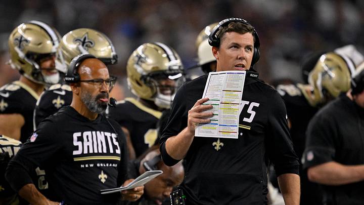 Aug 28, 2026; Arlington, Texas, USA; New Orleans Saints head coach Kellen Moore looks on during the game between the Cowboys and the Saints at AT&T Stadium. Mandatory Credit: Jerome Miron-Imagn Images