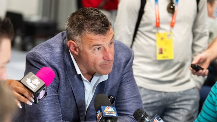 Mar 31, 2026; Phoenix, AZ, USA; New England Patriots head coach Mike Vrabel speaks to reporters in the media during the 2026 NFL Annual League Meeting at the Arizona Biltmore. Mandatory Credit: Mark J. Rebilas-Imagn Images