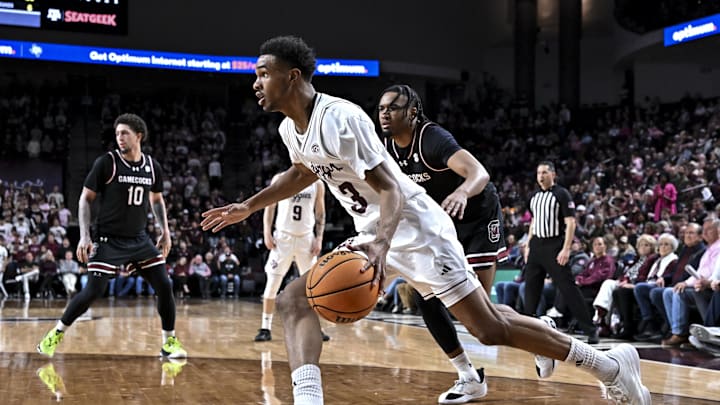 Jan 24, 2026; College Station, Texas, USA; Texas A&M Aggies guard Rylan Griffen (3) dribbles the ball against the South Carolina Gamecocks during the second half at Reed Arena. Mandatory Credit: Maria Lysaker-Imagn Images Jan 24, 2026; College Station, Texas, USA; Texas A&M Aggies guard Rylan Griffen (3) dribbles the ball against the South Carolina Gamecocks during the second half at Reed Arena. Mandatory Credit: Maria Lysaker-Imagn Images
