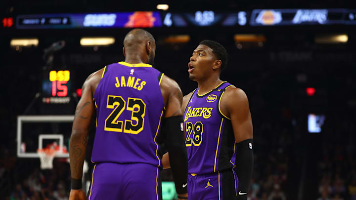 Oct 28, 2024; Phoenix, Arizona, USA; Los Angeles Lakers forward Rui Hachimura (28) with forward LeBron James (23) against the Phoenix Suns at Footprint Center. Mandatory Credit: Mark J. Rebilas-Imagn Images