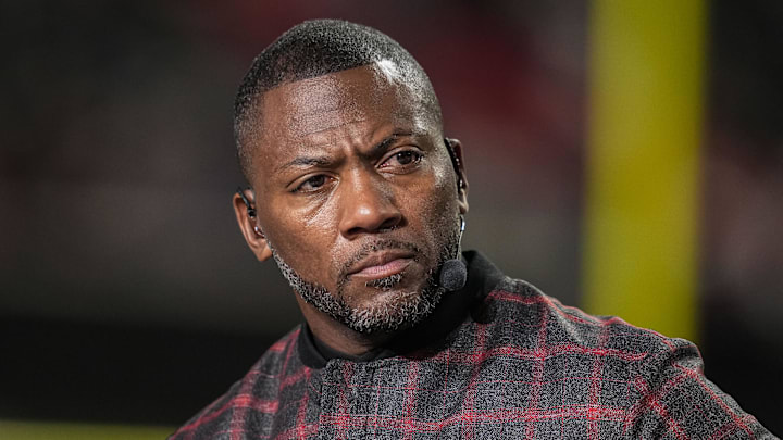 Dec 29, 2025; Atlanta, Georgia, USA; ESPN MNF broadcaster Ryan Clark shown on set prior to the game between the Los Angeles Rams against the Atlanta Falcons at Mercedes-Benz Stadium. Mandatory Credit: Dale Zanine-Imagn Images