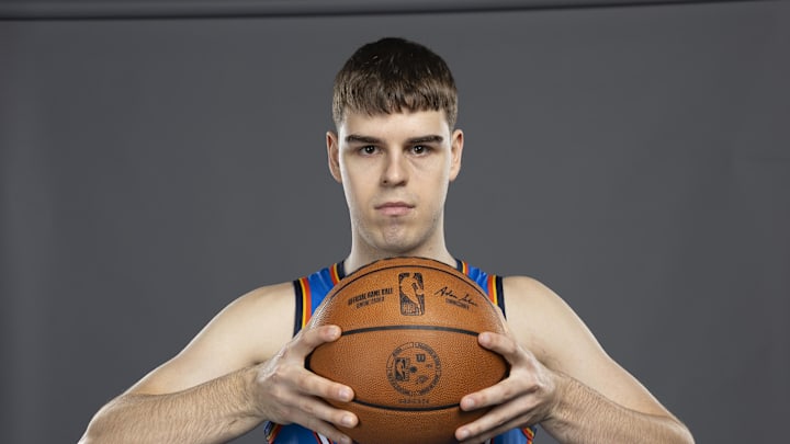 Sep 29, 2025; Oklahoma City, OK, USA; Oklahoma City Thunder guard Nikola Topic (44) poses for a photo during the 2025 Oklahoma City Thunder media day at Paycom Center. Mandatory Credit: Alonzo Adams-Imagn Images