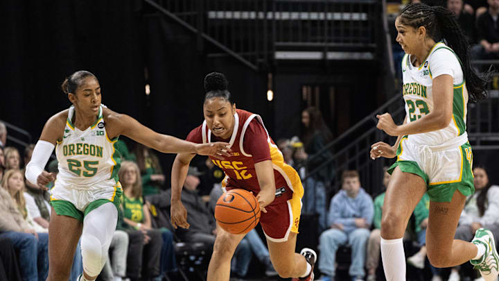 JuJu Watkins steals the ball during a Dec. 2024 game against Oregon.