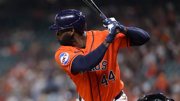 Sep 4, 2026; Houston, Texas, USA; Houston Astros designated hitter Yordan Alvarez (44) bats during the game against the Arizona Diamondbacks at Daikin Park. Mandatory Credit: Troy Taormina-Imagn Images