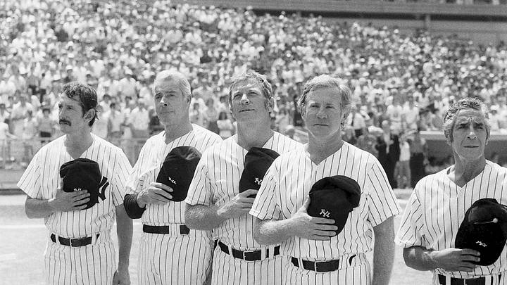 August 2, 1975; New York, NY, USA; New York Yankees Billy Martin, Joe DiMaggio, Mickey Mantle, Whitey Ford and Phil Rizzuto at the New York Yankees Old-Timers' Day game at Yankee Stadium in New York City on August 2, 1975. Mandatory Credit: Peter Karas-USA TODAY NETWORK