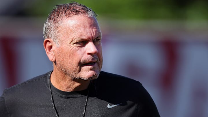 Aug 14, 2025; Fayetteville, AR, USA; Arkansas Razorbacks head coach Sam Pittman during practice. Mandatory Credit: Nelson Chenault-Imagn Images