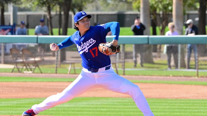 Feb 17, 2026; Glendale, AZ, USA; Los Angeles Dodgers two-way player Shohei Ohtani (17) delivers a pitch during a Spring Training workout at Camelback Ranch. Mandatory Credit: Matt Kartozian-Imagn Images Feb 17, 2026; Glendale, AZ, USA; Los Angeles Dodgers two-way player Shohei Ohtani (17) delivers a pitch during a Spring Training workout at Camelback Ranch. Mandatory Credit: Matt Kartozian-Imagn Images