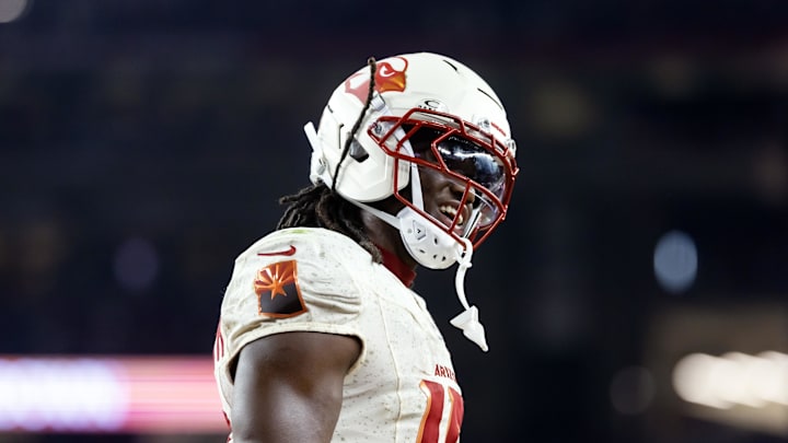 Sep 25, 2025; Glendale, Arizona, USA; Arizona Cardinals wide receiver Marvin Harrison Jr. (18) against the Seattle Seahawks at State Farm Stadium. Mandatory Credit: Mark J. Rebilas-Imagn Images