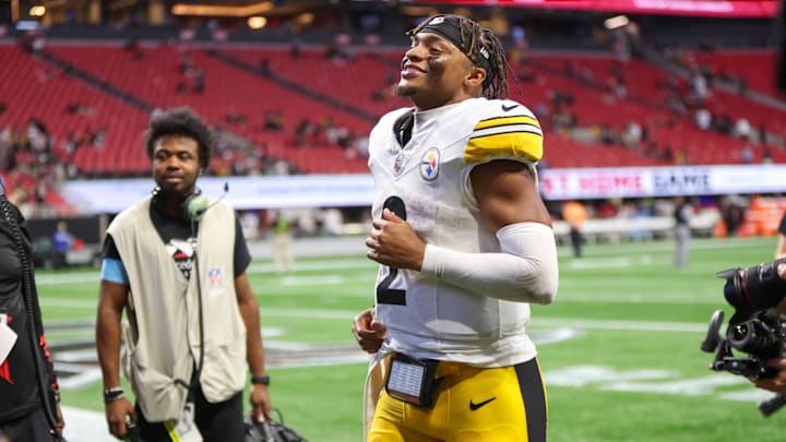 Sep 8, 2024; Atlanta, Georgia, USA; Pittsburgh Steelers quarterback Justin Fields (2) celebrates after a victory over the Atlanta Falcons at Mercedes-Benz Stadium. Mandatory Credit: Brett Davis-Imagn Images