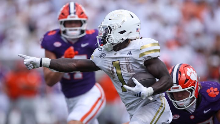 Sep 13, 2025; Atlanta, Georgia, USA; Georgia Tech Yellow Jackets running back Jamal Haynes (1) runs the ball against the Clemson Tigers in the third quarter at Bobby Dodd Stadium at Hyundai Field. Mandatory Credit: Brett Davis-Imagn Images