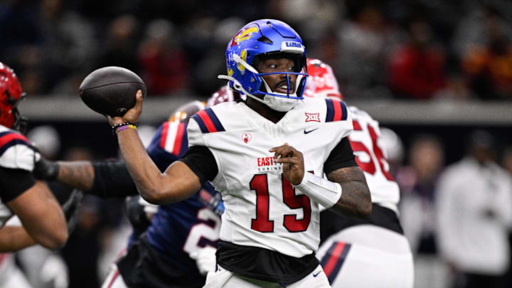 Jan 27, 2026; Frisco, TX, USA; East quarterback Jalon Daniels (15) throws the ball against the West during the first half at the Ford Center at the Star.