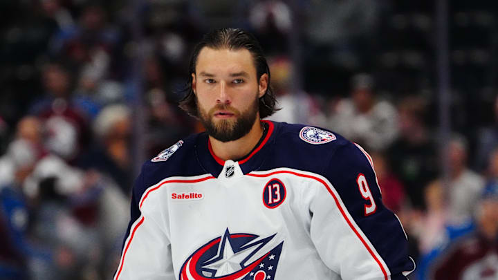 Oct 12, 2024; Denver, Colorado, USA; Columbus Blue Jackets defenseman Ivan Provorov (9) warms up before the game against the Colorado Avalanche at Ball Arena. Mandatory Credit: Ron Chenoy-Imagn Images