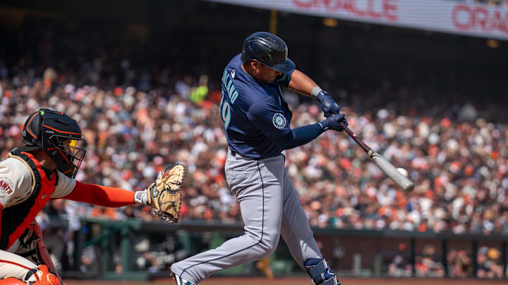 Seattle Mariners third base Donovan Solano (39) singles to San Francisco Giants third baseman Matt Chapman (not pictured) during the eighth inning at Oracle Park on April 6.