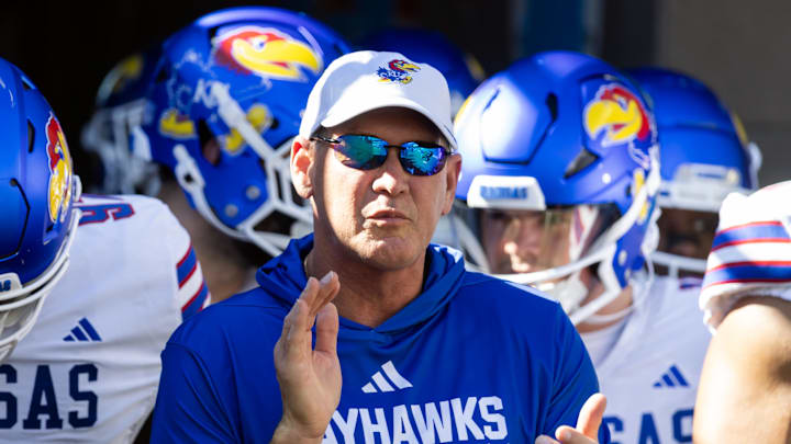 Nov 8, 2025; Tucson, Arizona, USA; Kansas Jayhawks head coach Lance Leipold against the Arizona Wildcats at Arizona Stadium. Mandatory Credit: Mark J. Rebilas-Imagn Images