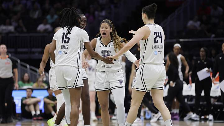 Golden State Valkyries guard Veronica Burton (22), guard Tiffany Hayes (15), and forward Cecilia Zandalasini (24) at Climate Pledge Arena.