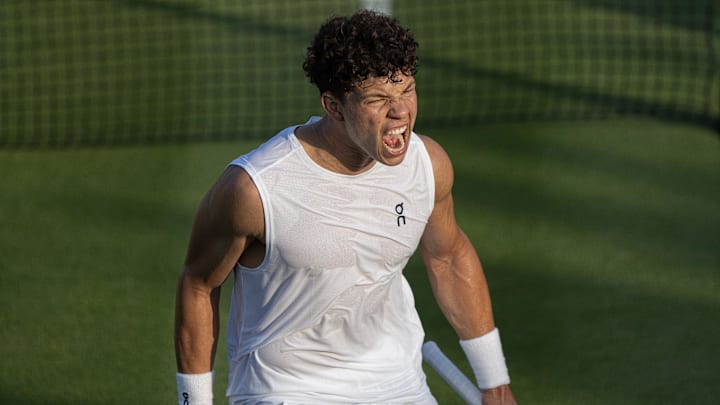 Ben Shelton of the United States celebrates winning his match against Alex Bolt of Australia.