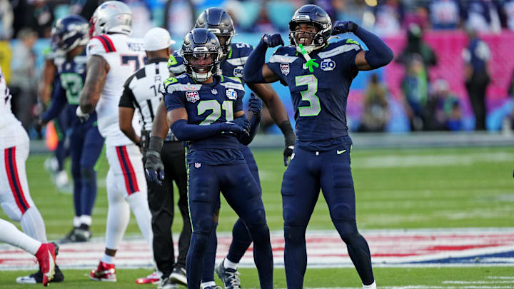 Feb 8, 2026; Santa Clara, CA, USA; Seattle Seahawks safety Nick Emmanwori (3) and Seattle Seahawks cornerback Devon Witherspoon (21) react after a play during the first quarter against the New England Patriots in Super Bowl LX at Levi's Stadium. Mandatory Credit: Cary Edmondson-Imagn Images