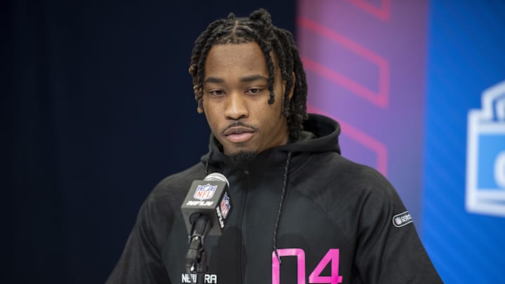 Texas defensive back Jahdae Barron (DB04) during the 2025 NFL Combine at Lucas Oil Stadium.