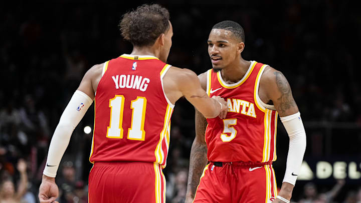 Oct 30, 2023; Atlanta, Georgia, USA; Atlanta Hawks guards Trae Young (11) and Dejounte Murray (5) Oct 30, 2023; Atlanta, Georgia, USA; Atlanta Hawks guards Trae Young (11) and Dejounte Murray (5)