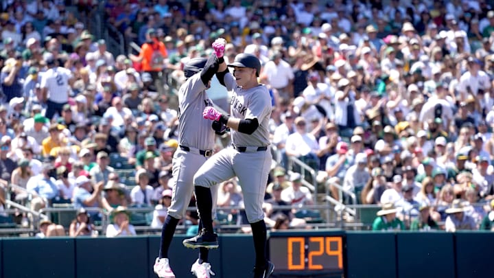 May 11, 2025; West Sacramento, California, USA; New York Yankees designated hitter Ben Rice (22) celebrates after hitting a grand slam against the Athletics in the fifth inning at Sutter Health Park. Mandatory Credit: Cary Edmondson-Imagn Images