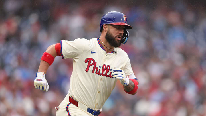 May 14, 2025; Philadelphia, Pennsylvania, USA; Philadelphia Phillies outfielder Weston Wilson (37) runs the bases after hitting a single during the seventh inning against the St. Louis Cardinals at Citizens Bank Park. Mandatory Credit: Bill Streicher-Imagn Images
