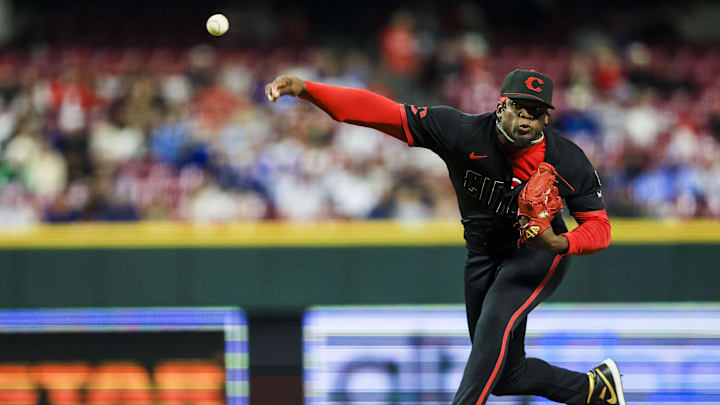 May 23, 2025; Cincinnati, Ohio, USA; Cincinnati Reds relief pitcher Luis Mey (62) pitches against the Chicago Cubs in the ninth inning at Great American Ball Park. Mandatory Credit: Katie Stratman-Imagn Images