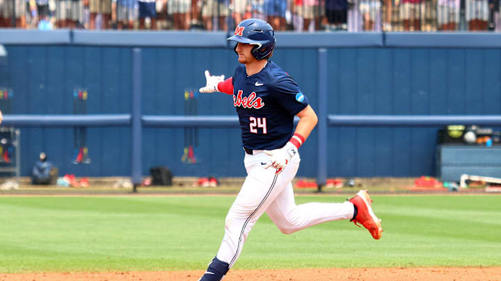 May 31, 2025; Oxford, MS, USA; Mississippi Rebels catcher Austin Fawley (24) runs the bases after a home run during the fourth inning against the Western Kentucky Hilltoppers. Mandatory Credit: Petre Thomas-Imagn Images