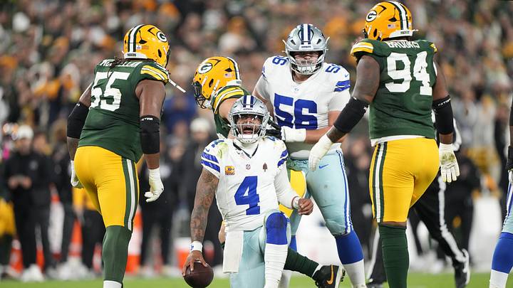 Dallas Cowboys quarterback Dak Prescott (4) reacts during the fourth quarter of the game against the Green Bay Packers at Lambeau Field. Mandatory Credit: Jeff Hanisch-Imagn Images Dallas Cowboys quarterback Dak Prescott (4) reacts during the fourth quarter of the game against the Green Bay Packers at Lambeau Field. Mandatory Credit: Jeff Hanisch-Imagn Images