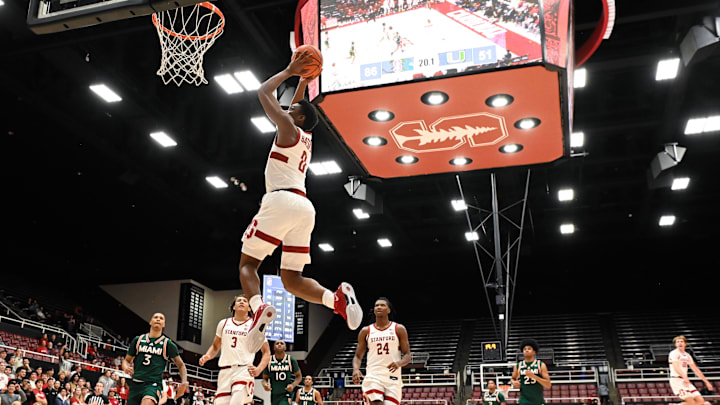 Jan 22, 2025; Stanford, California, USA; Stanford Cardinal guard Anthony Batson Jr. (0) dunks against the Miami (FL) Hurricanes in the second half at Maples Pavilion. Mandatory Credit: Eakin Howard-Imagn Images