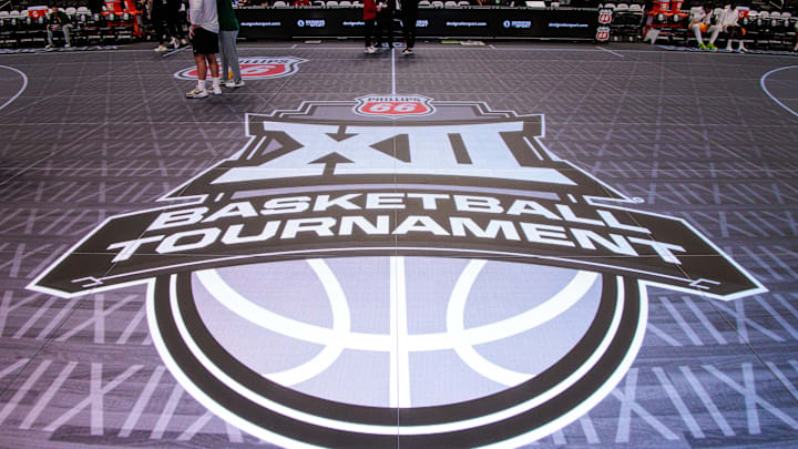 Mar 10, 2026; Kansas City, MO, USA; Logo on the new digital floor prior to a game between the Arizona State Sun Devils and the Baylor Bears at T-Mobile Center. Mandatory Credit: William Purnell-Imagn Images
