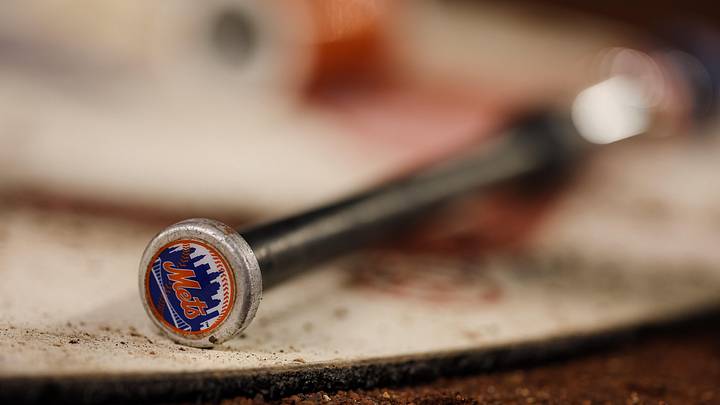 May 11, 2022; Washington, District of Columbia, USA; A detailed view of the New York Mets logo on a bat during the game between the Washington Nationals and the New York Mets at Nationals Park. Mandatory Credit: Scott Taetsch-Imagn Images May 11, 2022; Washington, District of Columbia, USA; A detailed view of the New York Mets logo on a bat during the game between the Washington Nationals and the New York Mets at Nationals Park. Mandatory Credit: Scott Taetsch-Imagn Images