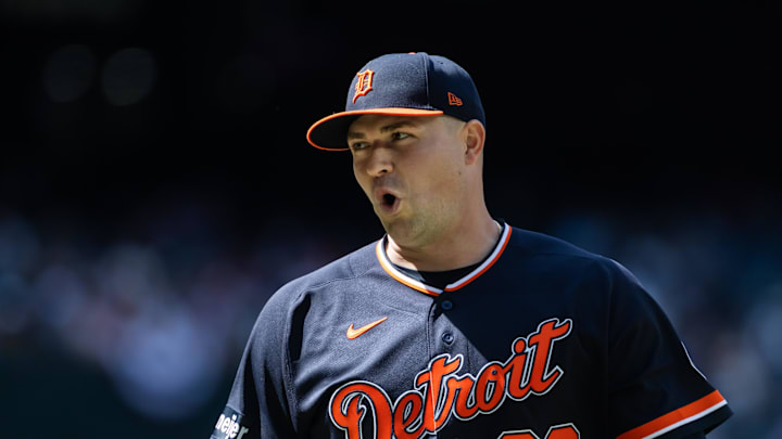 Apr 1, 2026; Phoenix, Arizona, USA; Detroit Tigers pitcher Tarik Skubal reacts against the Arizona Diamondbacks at Chase Field. Mandatory Credit: Mark J. Rebilas-Imagn Images