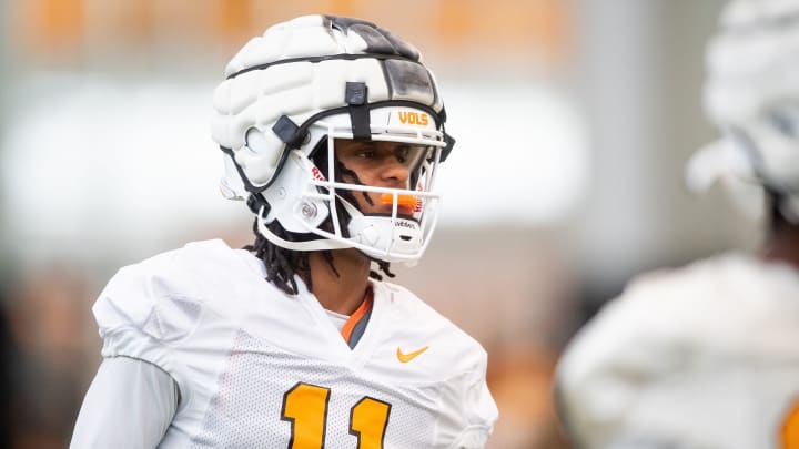 Tennessee wide receiver Chris Brazzell II (11) during UT's first spring football practice on Monday, March 18, 2024. Tennessee wide receiver Chris Brazzell II (11) during UT's first spring football practice on Monday, March 18, 2024.