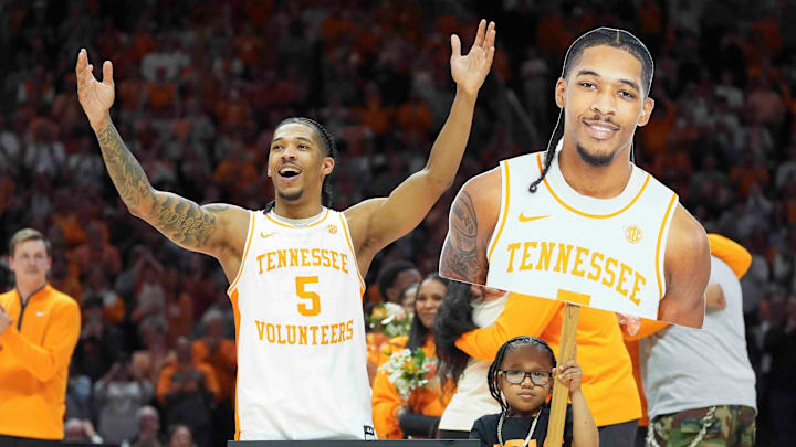 Tennessee's Zakai Zeigler (5) during Senior Day presentations after a men’s college basketball game between Tennessee and South Carolina at Thompson-Boling Arena at Food City Center, Saturday, March 8, 2025.