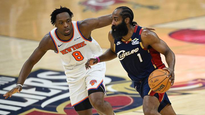 May 25, 2026; Cleveland, Ohio, USA; Cleveland Cavaliers guard James Harden (1) moves the ball while defended by New York Knicks forward OG Anunoby (8) in the first quarter during game four of the eastern conference finals for the 2026 NBA playoffs at Rocket Arena. Mandatory Credit: David Richard-Imagn Images