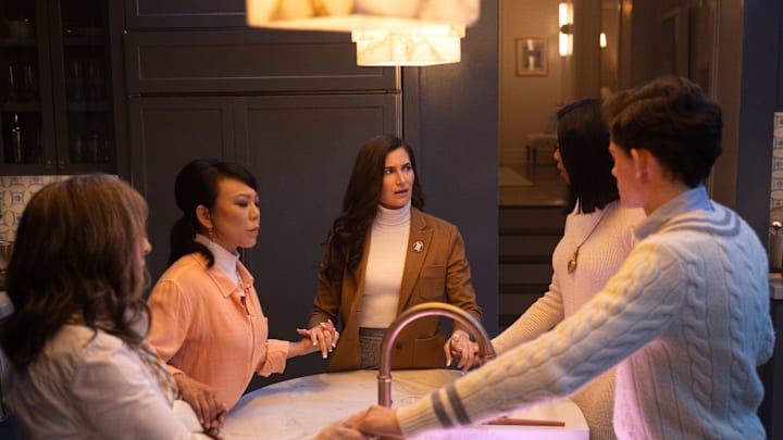 (L-R): Lilia Calderu (Patti LuPone), Alice Wu-Gulliver (Ali Ahn), Agatha Harkness (Kathryn Hahn), Jennifer Kale (Sasheer Zamata) and Teen (Joe Locke) in Marvel Television's AGATHA ALL ALONG, exclusively on Disney+. Photo by Chuck Zlotnick. © 2024 MARVEL.