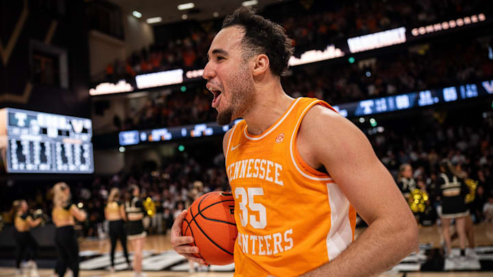 Tennessee guard Ethan Burg (35) celebrates defeating Vanderbilt at Memorial Gym in Nashville, Tenn., Saturday, Feb. 21, 2026.