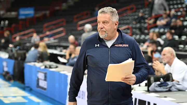 Mar 21, 2024; Spokane, WA, USA; Auburn Tigers head coach Bruce Pearl during practice at Spokane Veterans Memorial Arena. Mandatory Credit: James Snook-Imagn Images