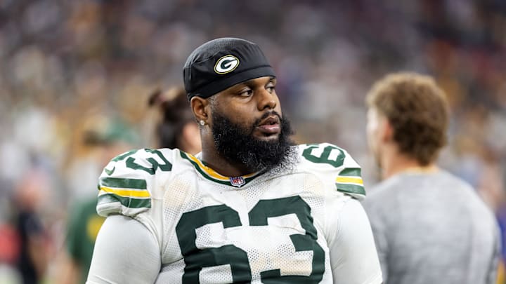 Oct 19, 2025; Glendale, Arizona, USA; Green Bay Packers tackle Rasheed Walker (63) against the Arizona Cardinals at State Farm Stadium. Mandatory Credit: Mark J. Rebilas-Imagn Images