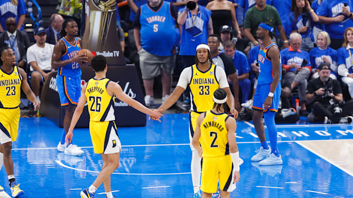 Jun 22, 2025; Oklahoma City, Oklahoma, USA; Indiana Pacers center Myles Turner (33) high fives Indiana Pacers guard Ben Sheppard (26) during the first half of game seven of the 2025 NBA Finals against the Oklahoma City Thunder at Paycom Center. Mandatory Credit: Alonzo Adams-Imagn Images Jun 22, 2025; Oklahoma City, Oklahoma, USA; Indiana Pacers center Myles Turner (33) high fives Indiana Pacers guard Ben Sheppard (26) during the first half of game seven of the 2025 NBA Finals against the Oklahoma City Thunder at Paycom Center. Mandatory Credit: Alonzo Adams-Imagn Images