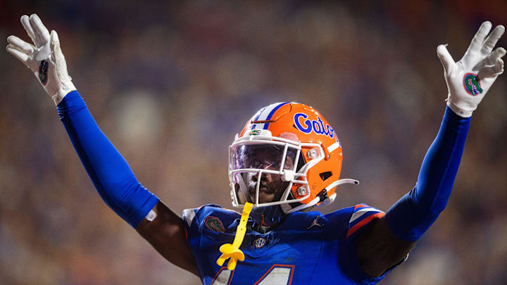 Florida safety Jordan Castell (14) celebrates after making a play during a football game between Tennessee and Florida at Ben Hill Griffin Stadium in Gainesville, Fla., on Saturday, Sept. 16, 2023.