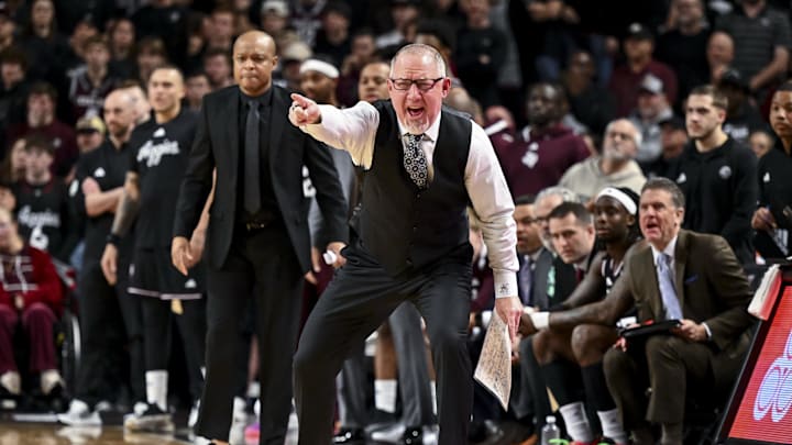 Feb 22, 2025; College Station, Texas, USA; Texas A&M Aggies head coach Buzz Williams reacts during the second half against the Tennessee Volunteers at Reed Arena. Mandatory Credit: Maria Lysaker-Imagn Images 