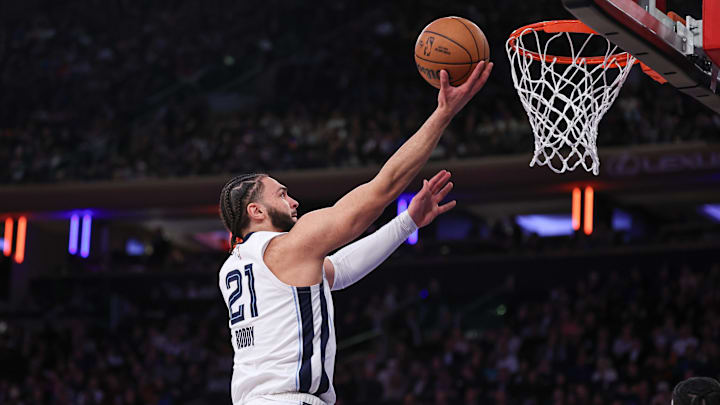 Feb 6, 2024; New York, New York, USA; Memphis Grizzlies forward David Roddy (21) shoots during the second half against the New York Knicks at Madison Square Garden. Mandatory Credit: Vincent Carchietta-Imagn Images