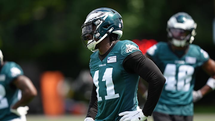 Jun 10, 2025; Philadelphia, PA, USA; Philadelphia Eagles wide receiver A.J. Brown (11) looks on during a practice drill at NovaCare Complex. Mandatory Credit: Kyle Ross-Imagn Images